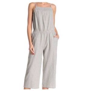 Beach Lunch Lounge || Linen Blend Striped Smocked Cotton Wide Leg CropJumpsuit